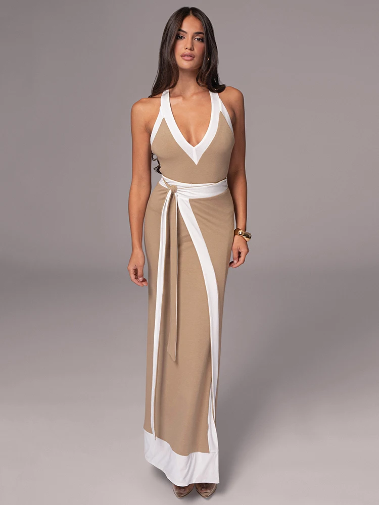 首图1.jpg Sexy Sleeveless Deep V Tight Bobysuit Top Skirt Two-piece Set Women Patchwork Elegant Party Autumn Winter New Set 2025