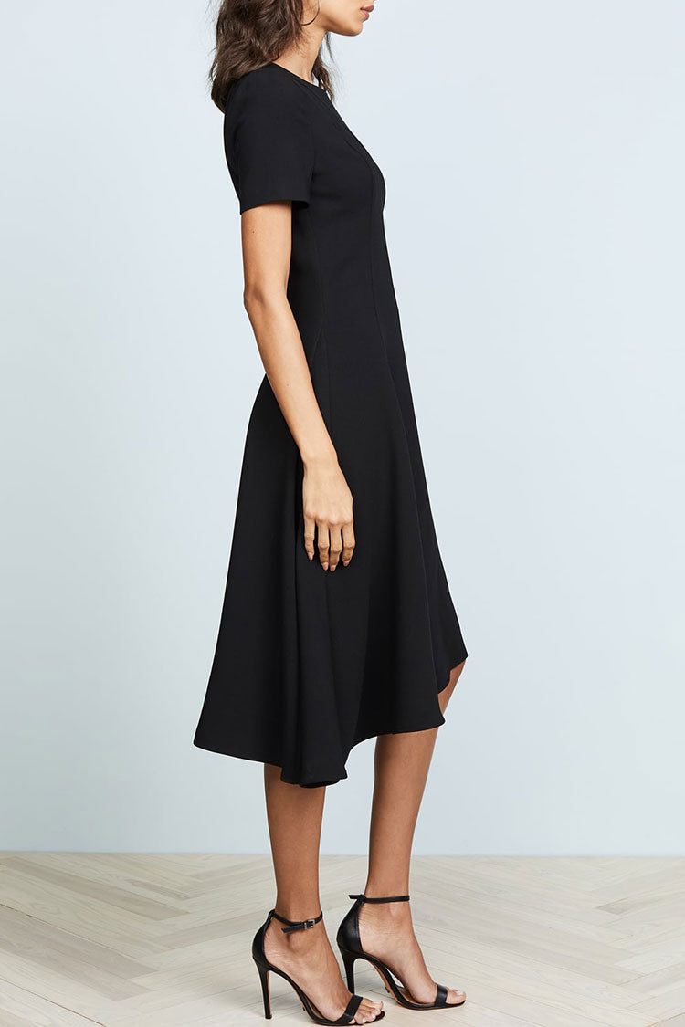 Crew Neck Short Sleeve Panel Seam Asymmetrical Hem Fit and Flare Midi Dress