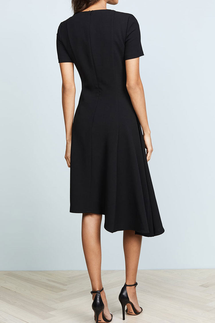 Crew Neck Short Sleeve Panel Seam Asymmetrical Hem Fit and Flare Midi Dress