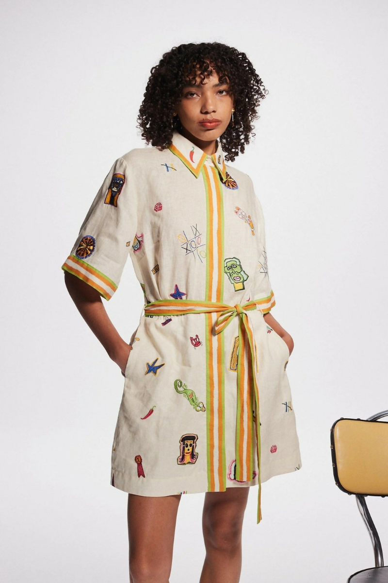 Collared Embroidered Patch Tie-Waist Short Sleeve Mini Romper