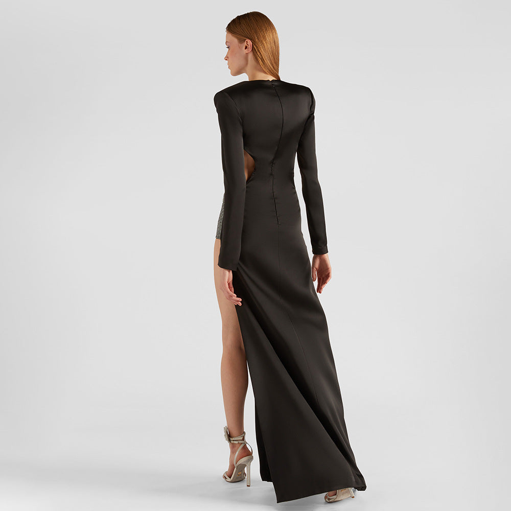 Rhinestone Trim Plunge V-Neck Cutout Long Sleeve Thigh Slit Maxi Gown