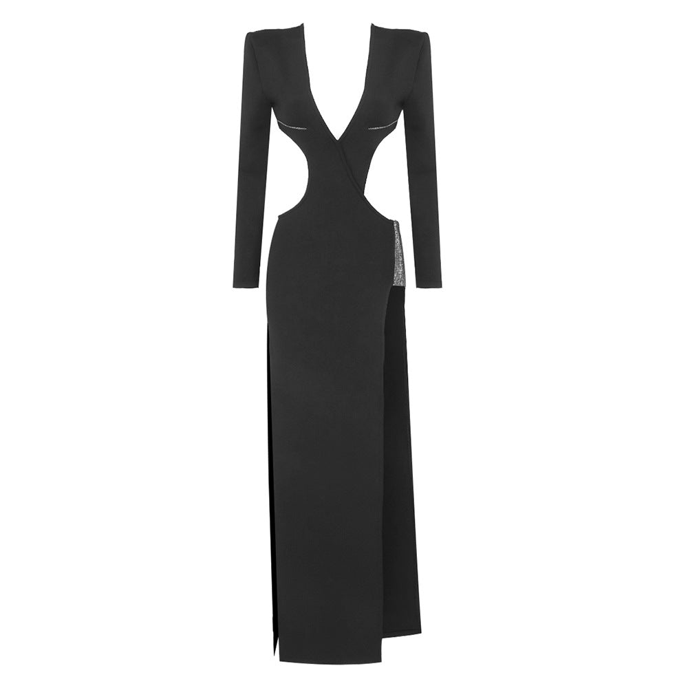 Rhinestone Trim Plunge V-Neck Cutout Long Sleeve Thigh Slit Maxi Gown