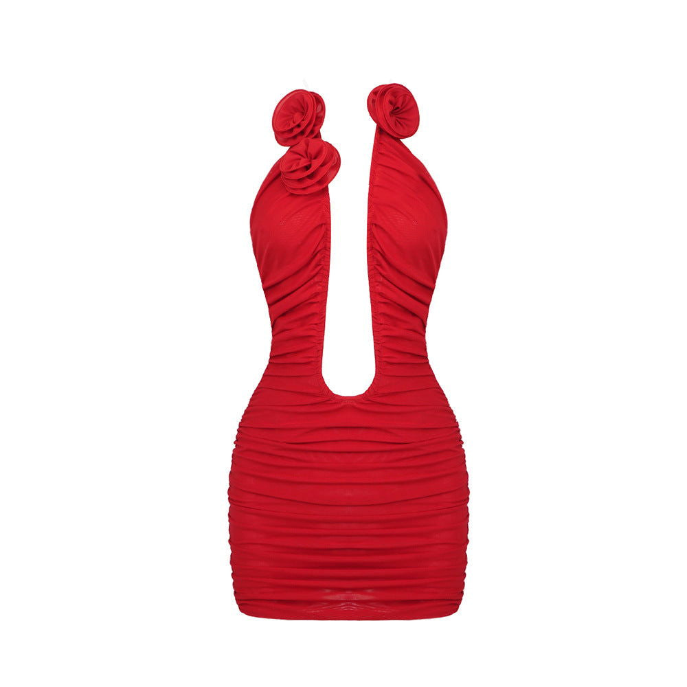 3D Floral Applique Plunge Cutout Ruched Strapless Backless Mesh Mini Dress