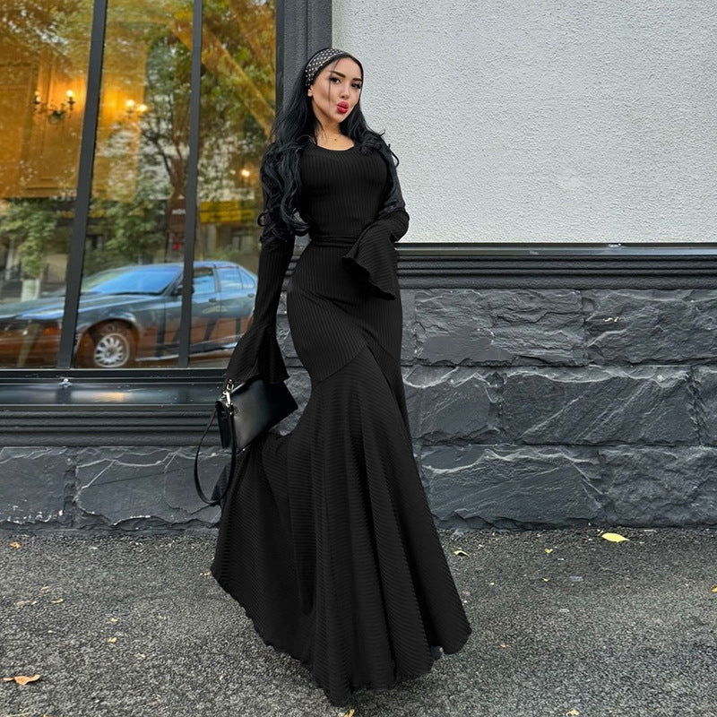 Round Neck Ribbed Knit Bell Cuff Mermaid Maxi Dress