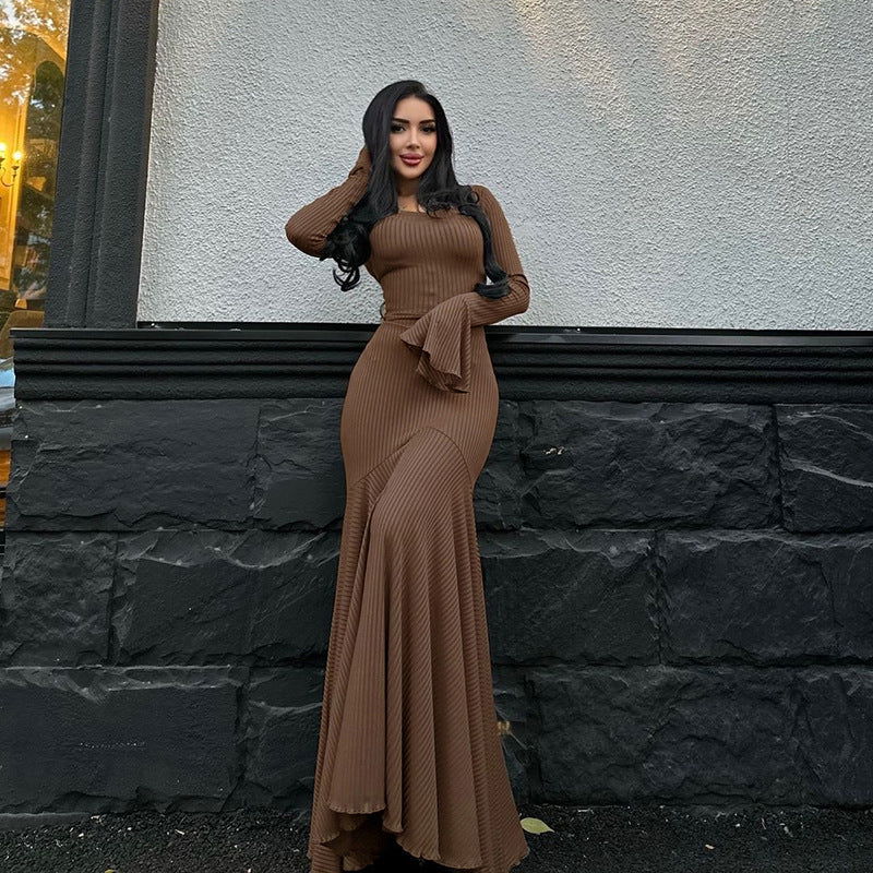 Round Neck Ribbed Knit Bell Cuff Mermaid Maxi Dress