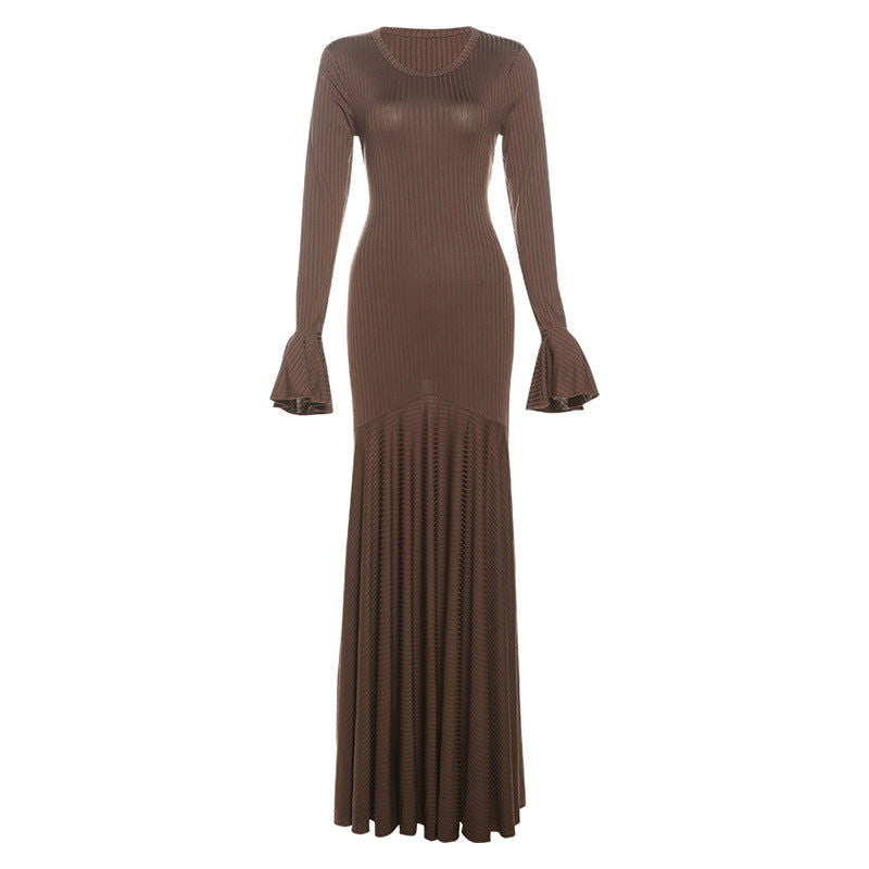 Round Neck Ribbed Knit Bell Cuff Mermaid Maxi Dress