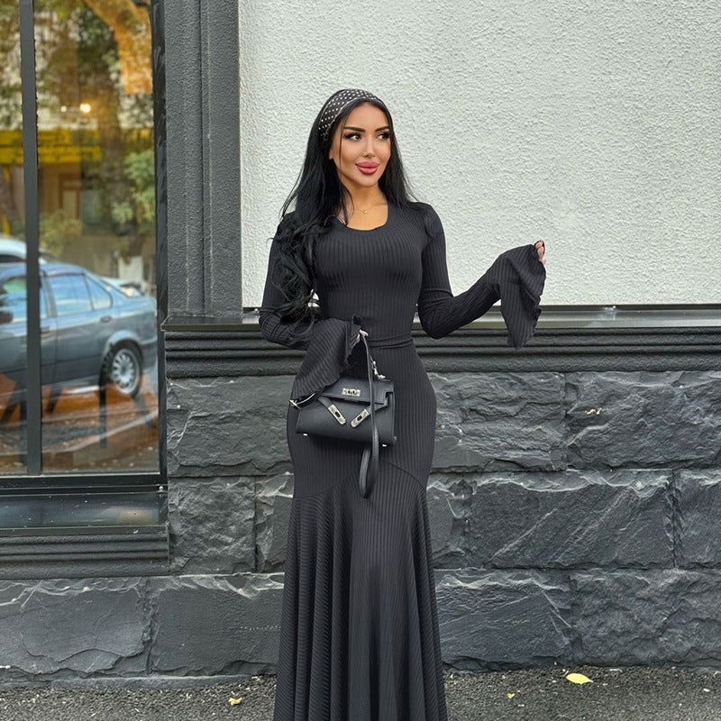 Round Neck Ribbed Knit Bell Cuff Mermaid Maxi Dress
