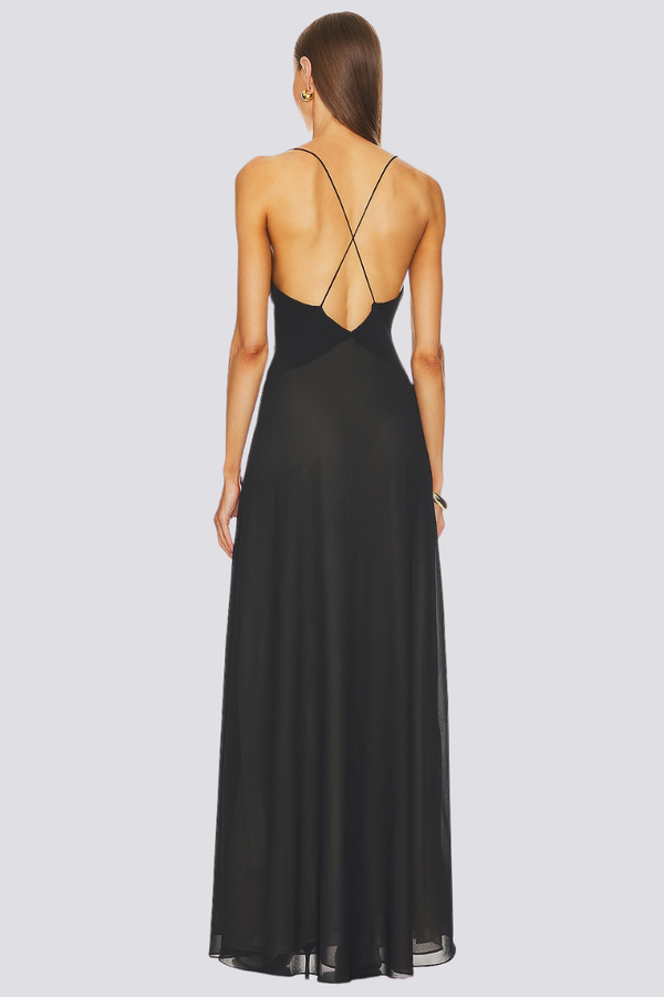 Spaghetti Strap Plunge V-Neck Floral Rosette Floor-Length Maxi Gown