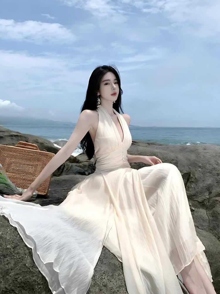 Halter Deep V-Neck Ruched Waist Chiffon Backless Maxi Dress