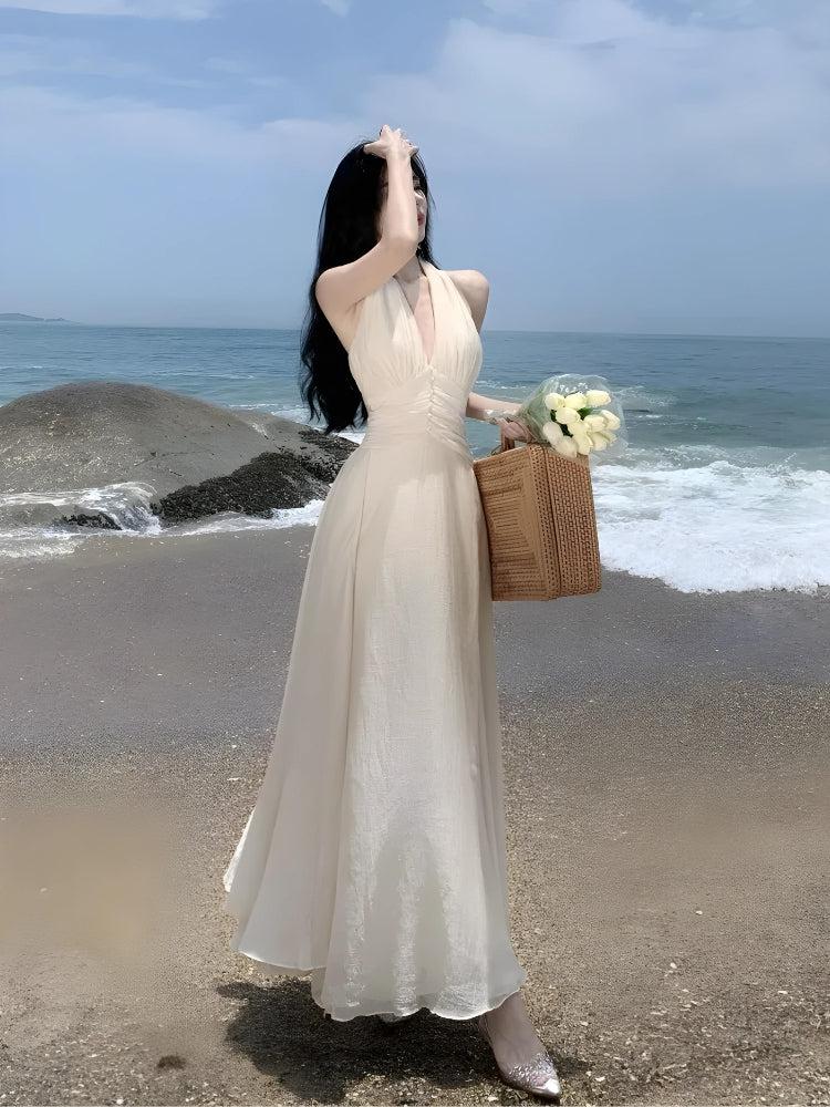 Halter Deep V-Neck Ruched Waist Chiffon Backless Maxi Dress