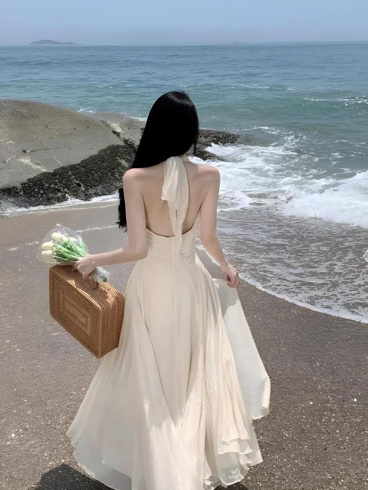 Halter Deep V-Neck Ruched Waist Chiffon Backless Maxi Dress