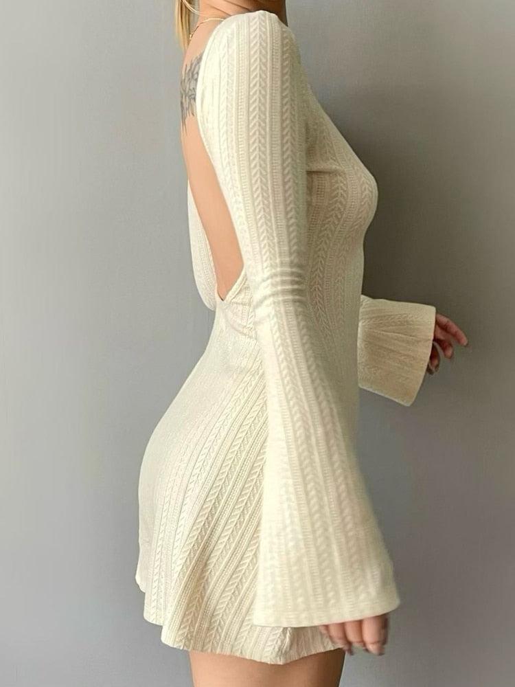 Pointelle Knit Crew Neck Bell Sleeve Bodycon Mini Sweater Dress
