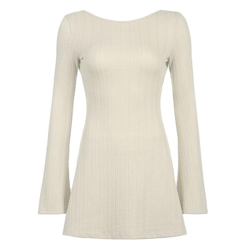 Pointelle Knit Crew Neck Bell Sleeve Bodycon Mini Sweater Dress