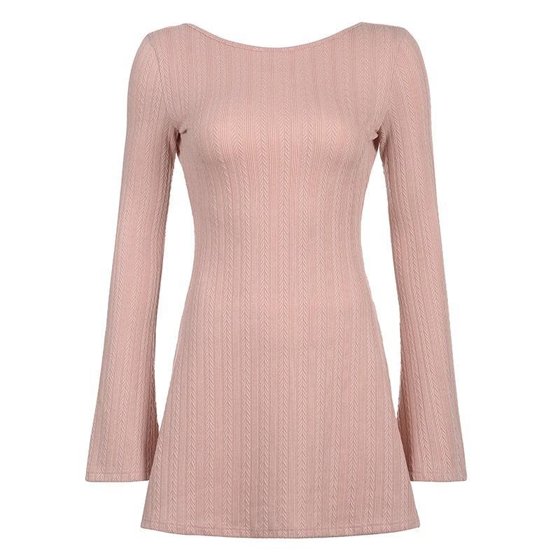 Pointelle Knit Crew Neck Bell Sleeve Bodycon Mini Sweater Dress