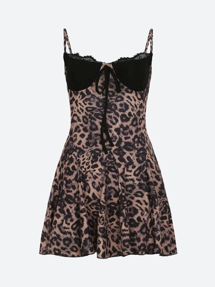 Print Lace Trim Sweetheart Bow Tie Spaghetti Strap Mini Dress