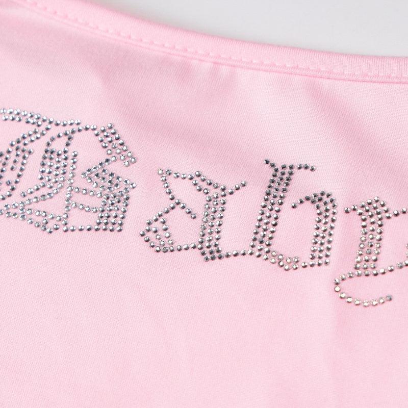 Rhinestone Gothic Script Spaghetti Strap Square Neck Bodycon Mini Dress