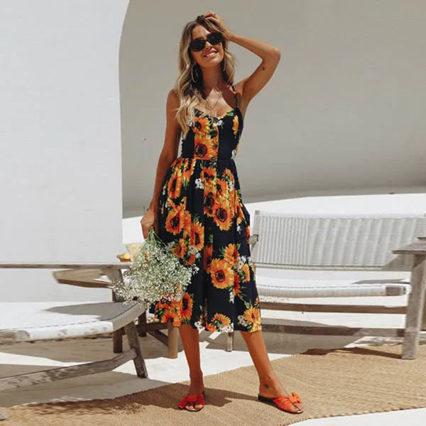 Tropical Pineapple Palm Leaf Print Button Front Pocket Midi Dress