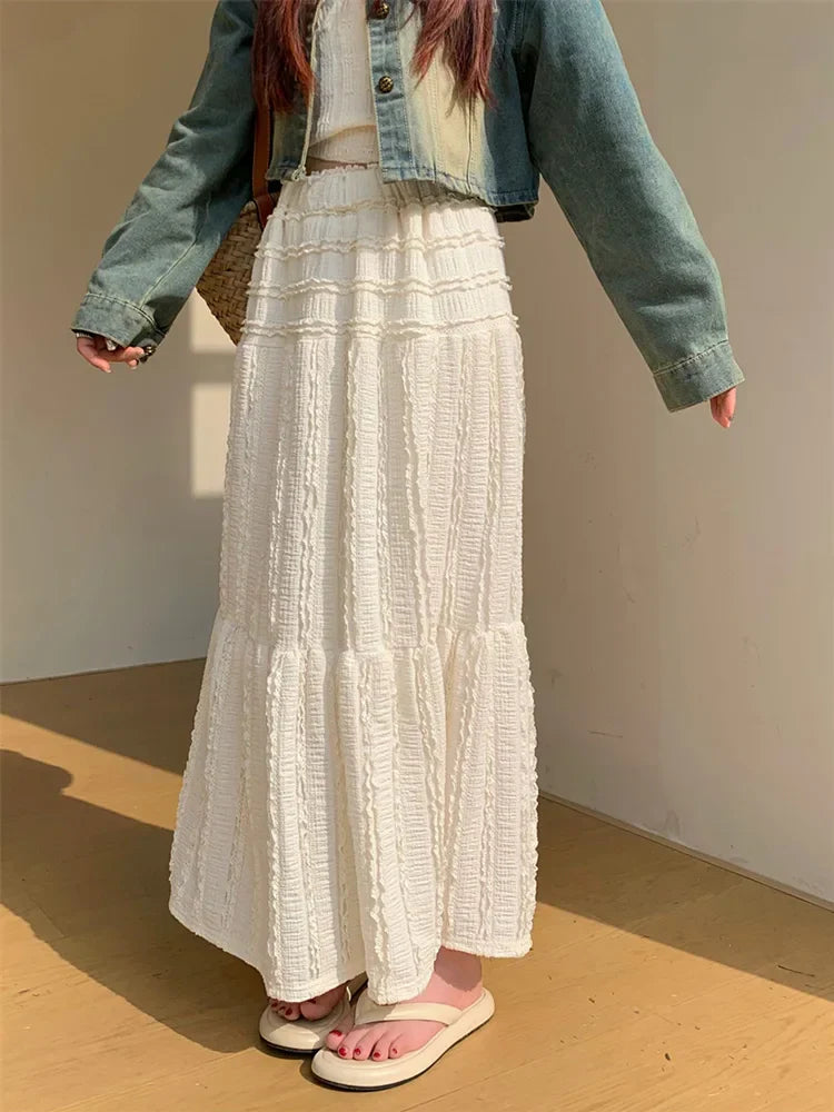 Crinkle Texture Vertical Ruffle Tiered Maxi Skirt