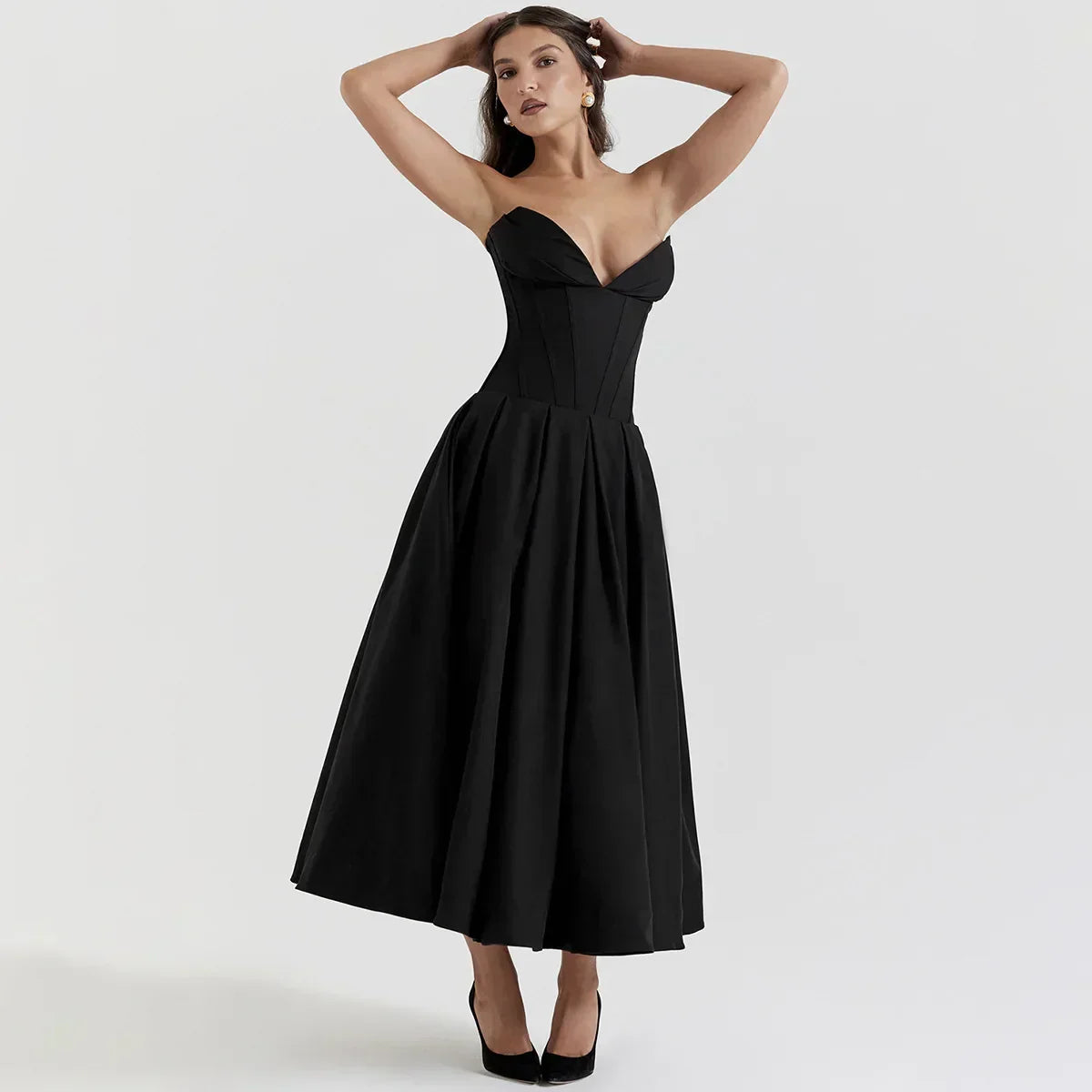 Strapless Deep V Corset Bodice Pleated Flared Midi Dress