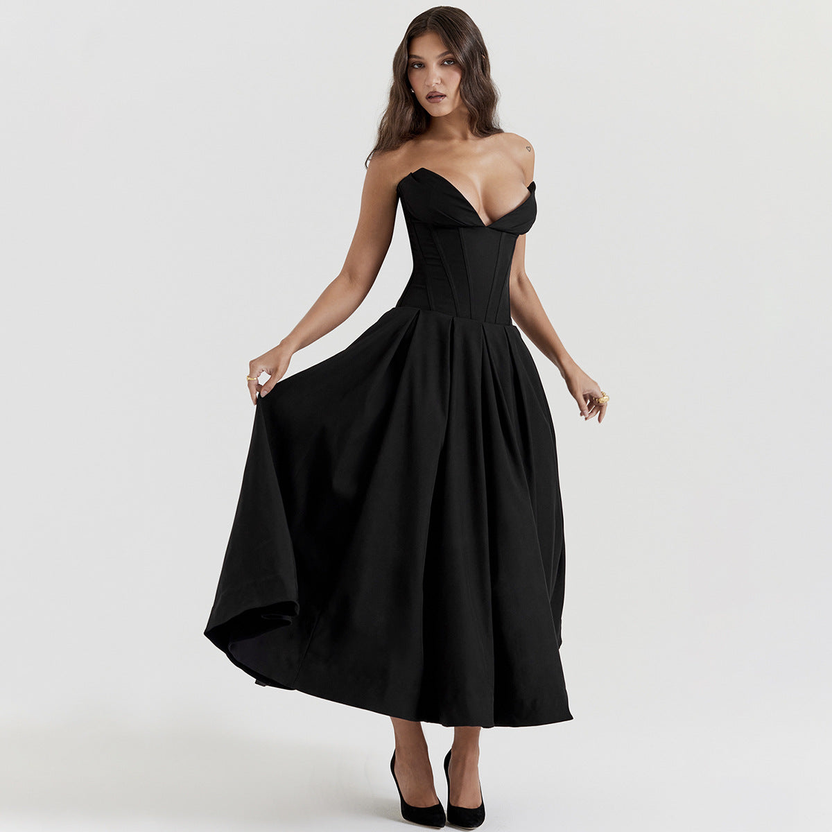Strapless Deep V Corset Bodice Pleated Flared Midi Dress
