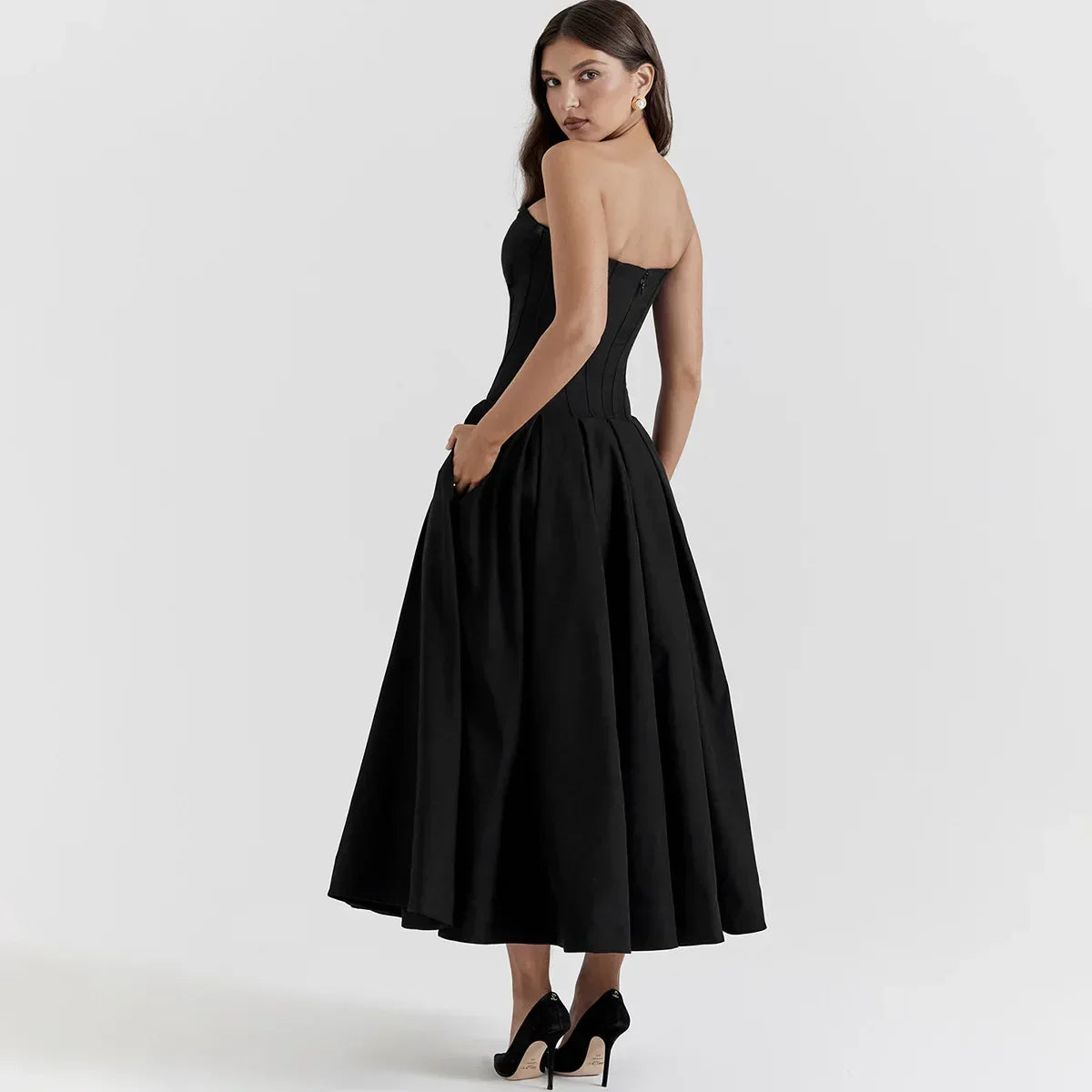 Strapless Deep V Corset Bodice Pleated Flared Midi Dress
