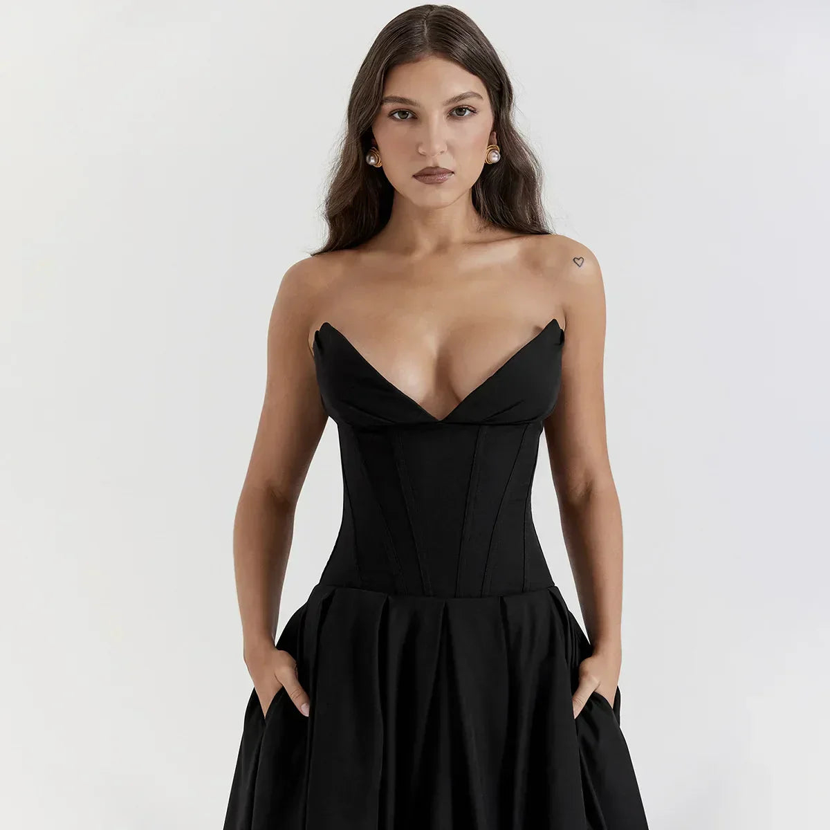 Strapless Deep V Corset Bodice Pleated Flared Midi Dress