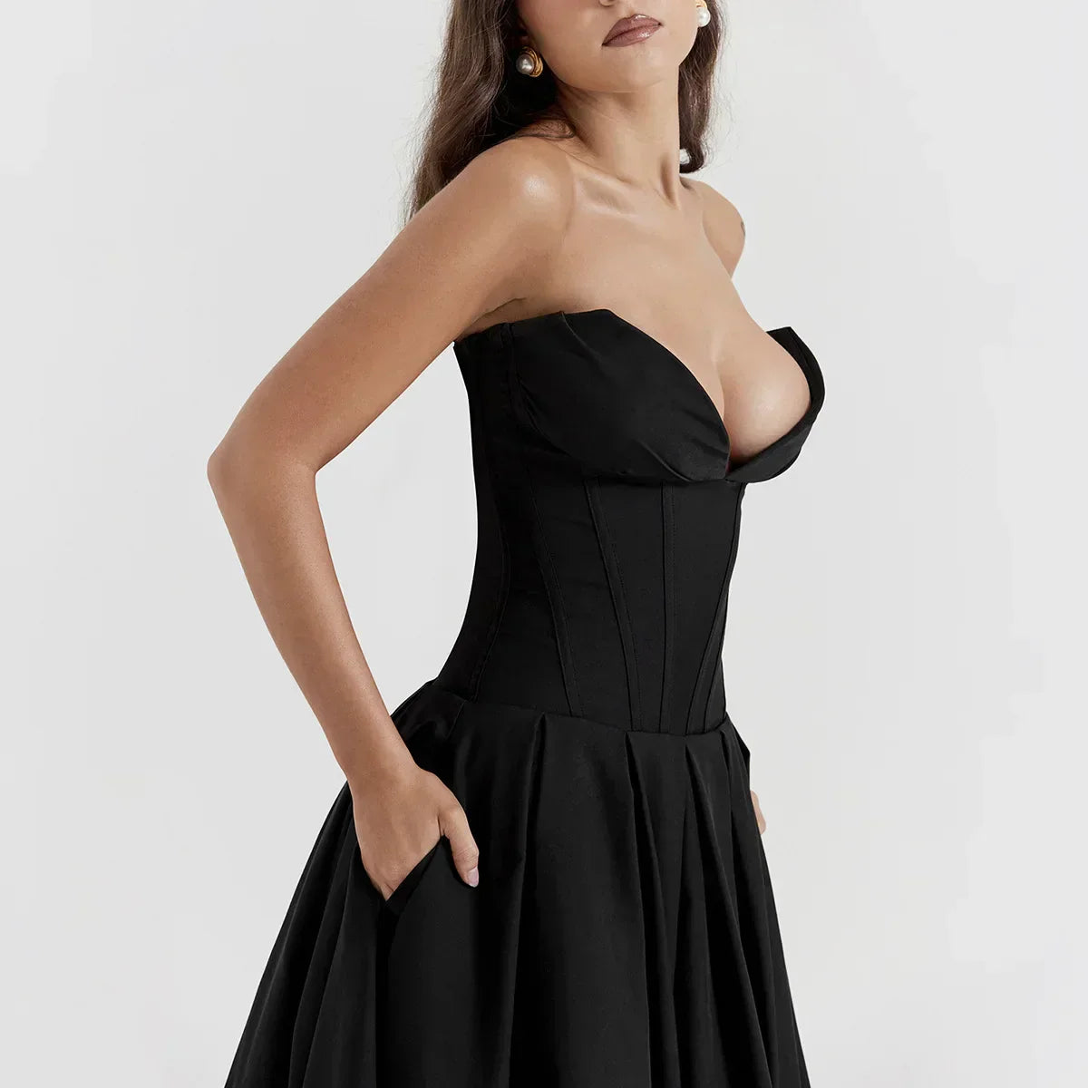 Strapless Deep V Corset Bodice Pleated Flared Midi Dress