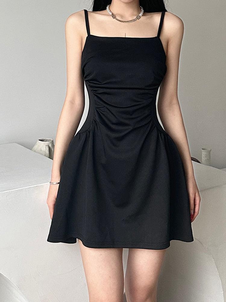 Square Neck Spaghetti Strap Side Ruched Flared Mini Dress