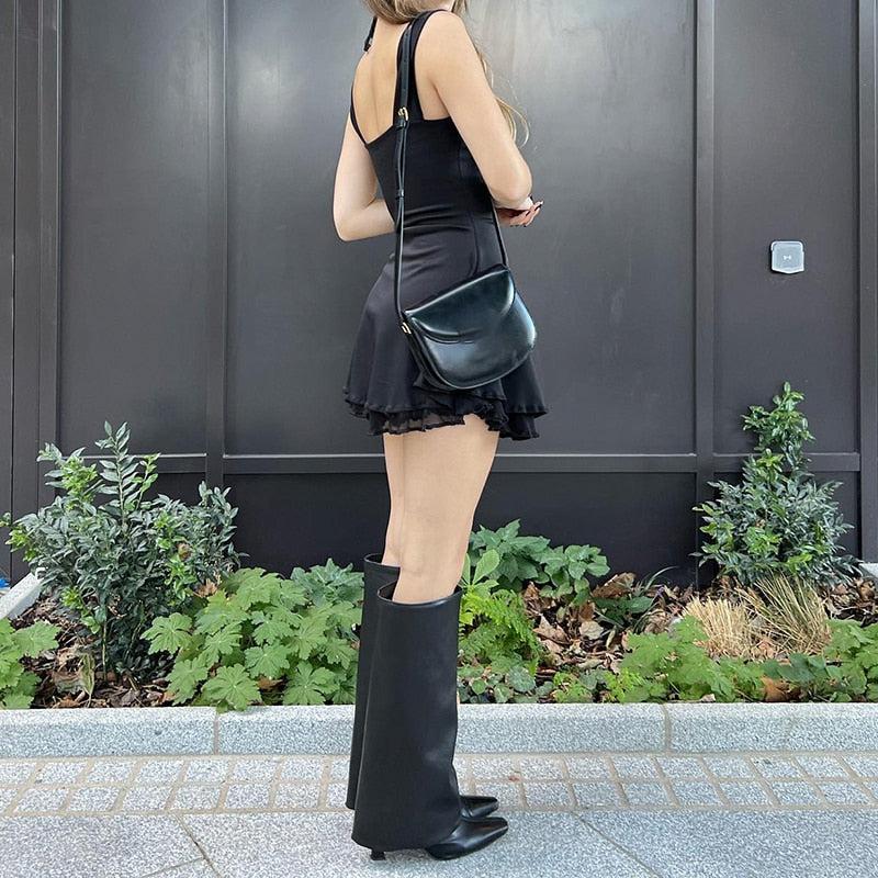 Square Neck Tie Shoulder Bow Strap Ruffled Lettuce Hem A Line Mini Dress