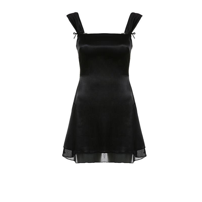 Square Neck Tie Shoulder Bow Strap Ruffled Lettuce Hem A Line Mini Dress