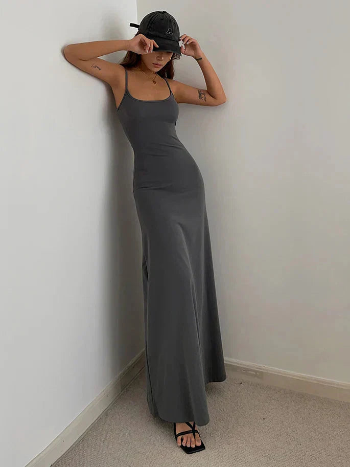 Square Neck Spaghetti Strap Jersey Bodycon Maxi Dress
