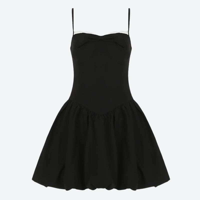 Bow Trim Scalloped Neck Spaghetti Strap Drop-Waist Bubble Hem Mini Dress