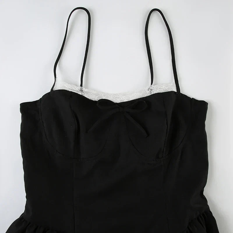 Bow Trim Scalloped Neck Spaghetti Strap Drop-Waist Bubble Hem Mini Dress
