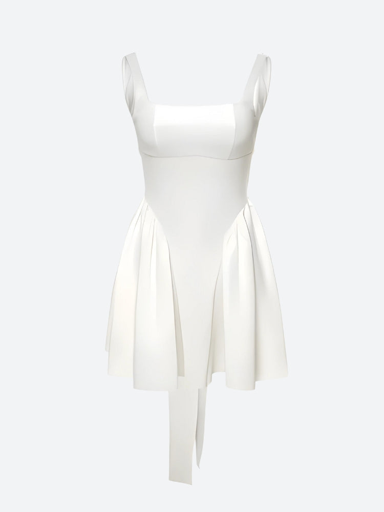 Square Neck Sleeveless Pleated Bow Back Fit and Flare Mini Dress