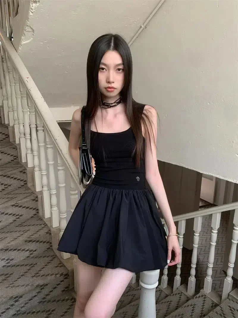 Ribbed Tank Top Bubble Hem Pleated Mini Skirt Set