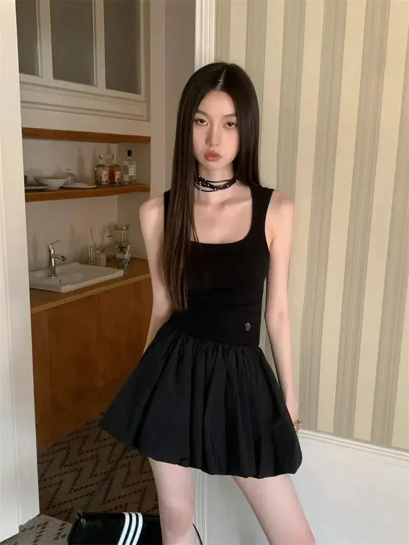 Ribbed Tank Top Bubble Hem Pleated Mini Skirt Set