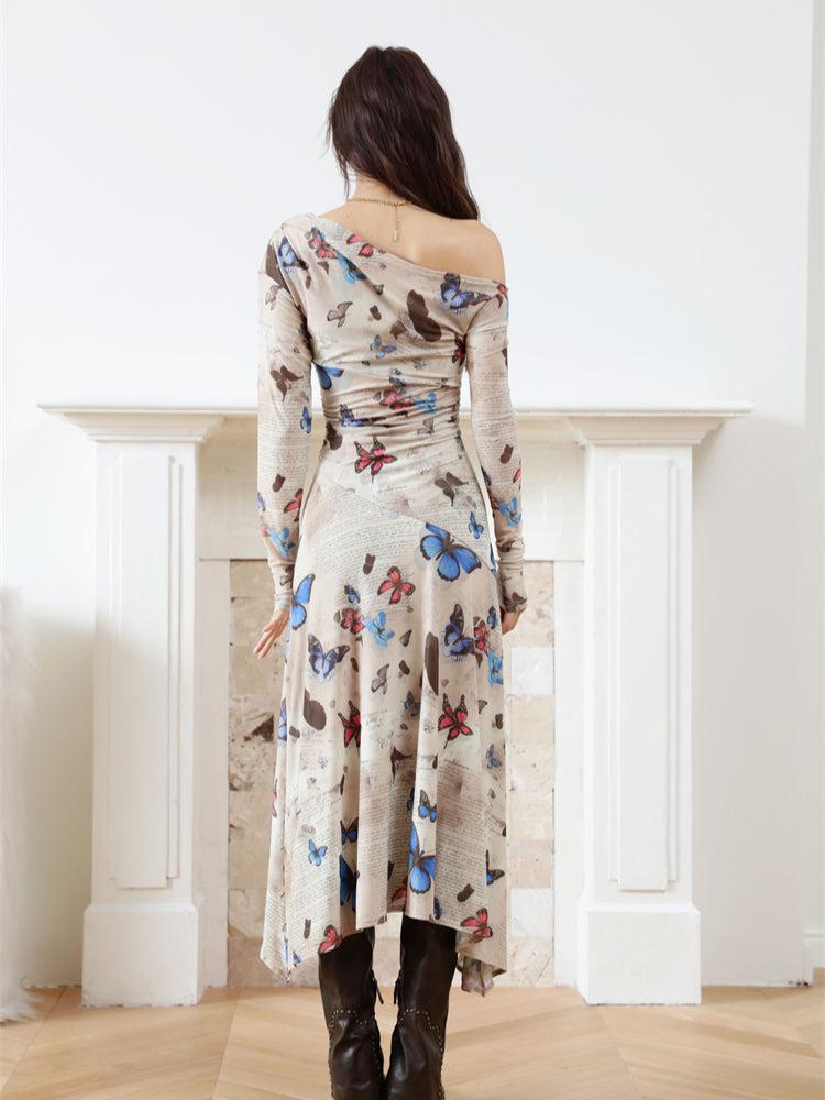 Butterfly Print One-Shoulder Long Sleeve Handkerchief Hem Midi Dress