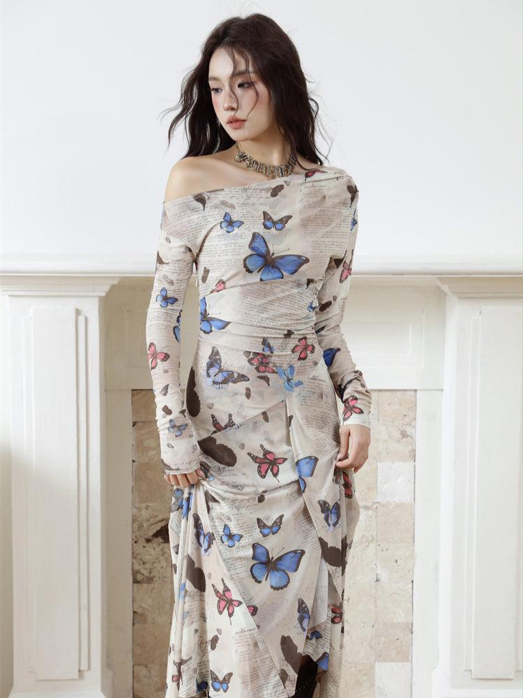 Butterfly Print One-Shoulder Long Sleeve Handkerchief Hem Midi Dress