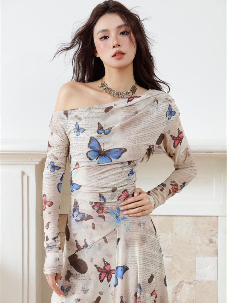Butterfly Print One-Shoulder Long Sleeve Handkerchief Hem Midi Dress
