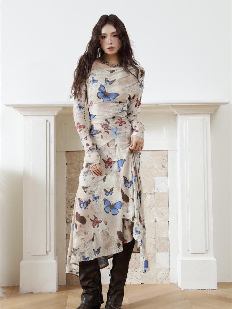 Butterfly Print One-Shoulder Long Sleeve Handkerchief Hem Midi Dress