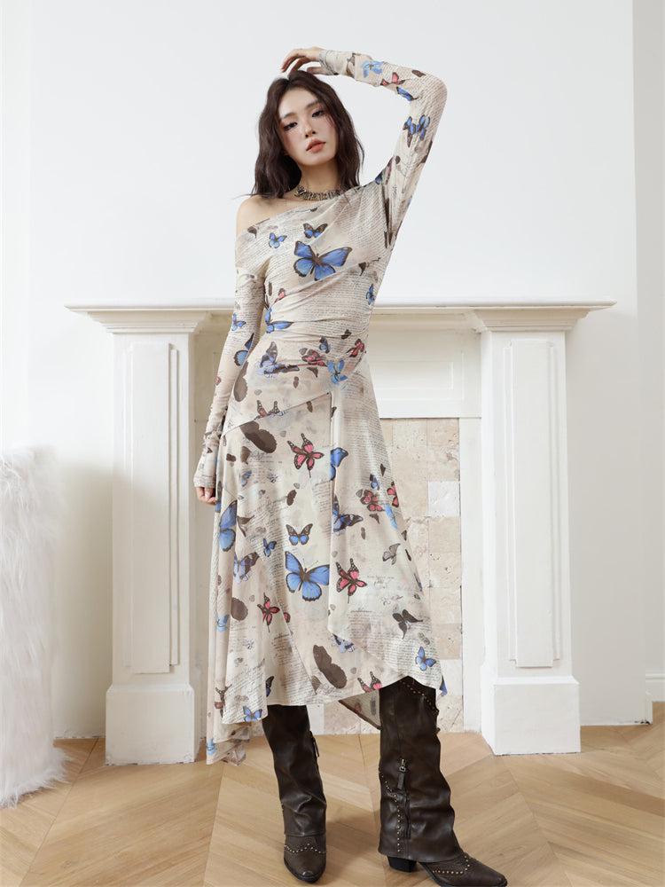Butterfly Print One-Shoulder Long Sleeve Handkerchief Hem Midi Dress