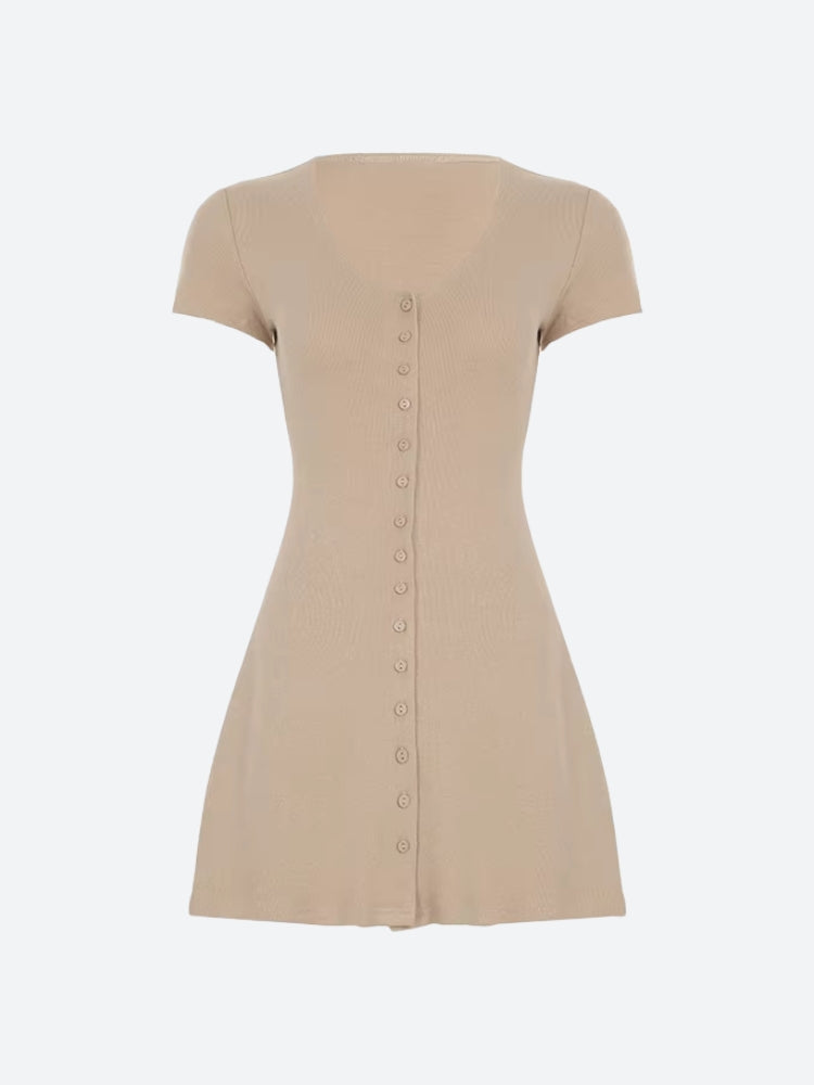 Knit Deep V-Neck Button-Front Short Sleeve Mini Dress