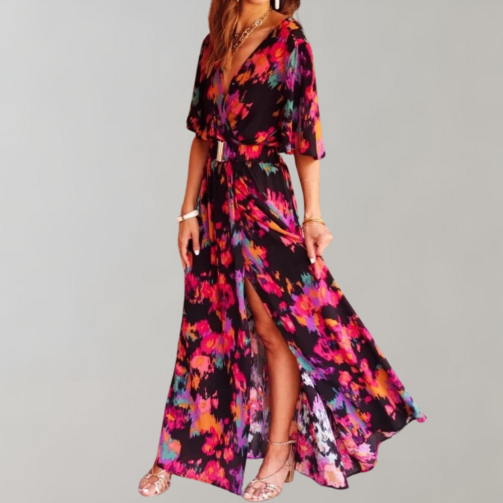 Abstract Print Wrap V-Neck Flutter Sleeve Belted High Split Maxi Dress