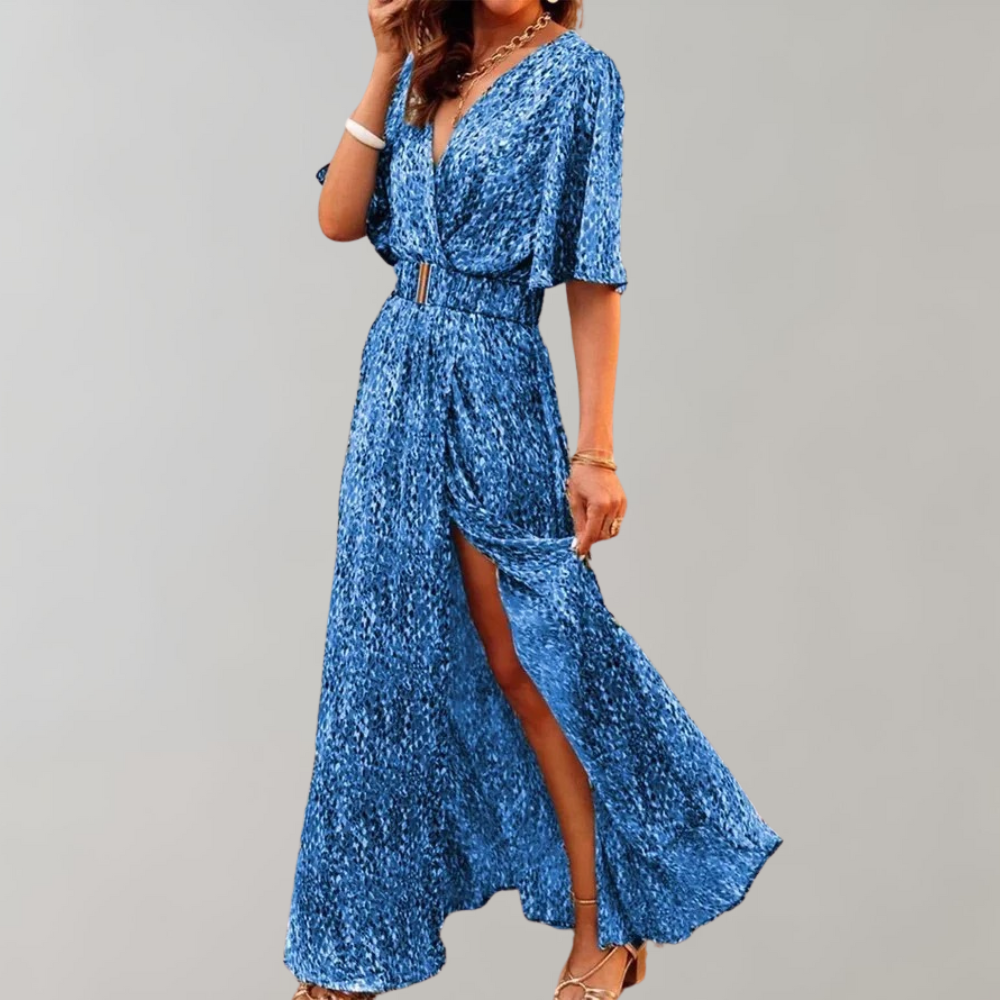 Abstract Print Wrap V-Neck Flutter Sleeve Belted High Split Maxi Dress