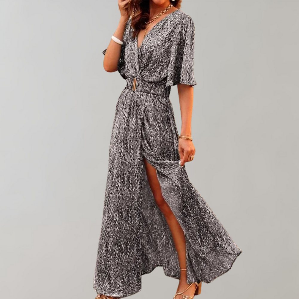 Abstract Print Wrap V-Neck Flutter Sleeve Belted High Split Maxi Dress