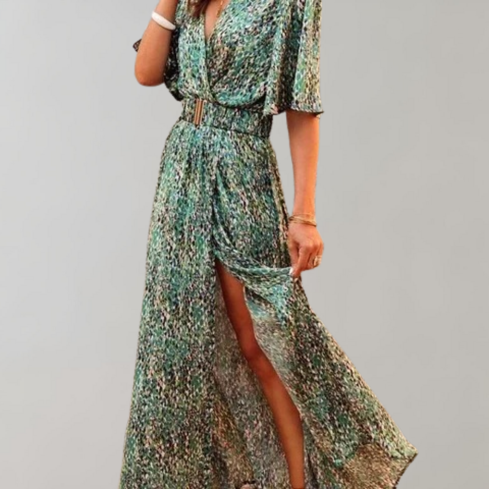 Abstract Print Wrap V-Neck Flutter Sleeve Belted High Split Maxi Dress