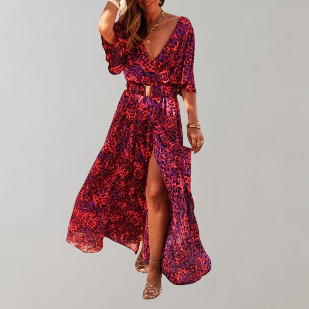 Abstract Print Wrap V-Neck Flutter Sleeve Belted High Split Maxi Dress