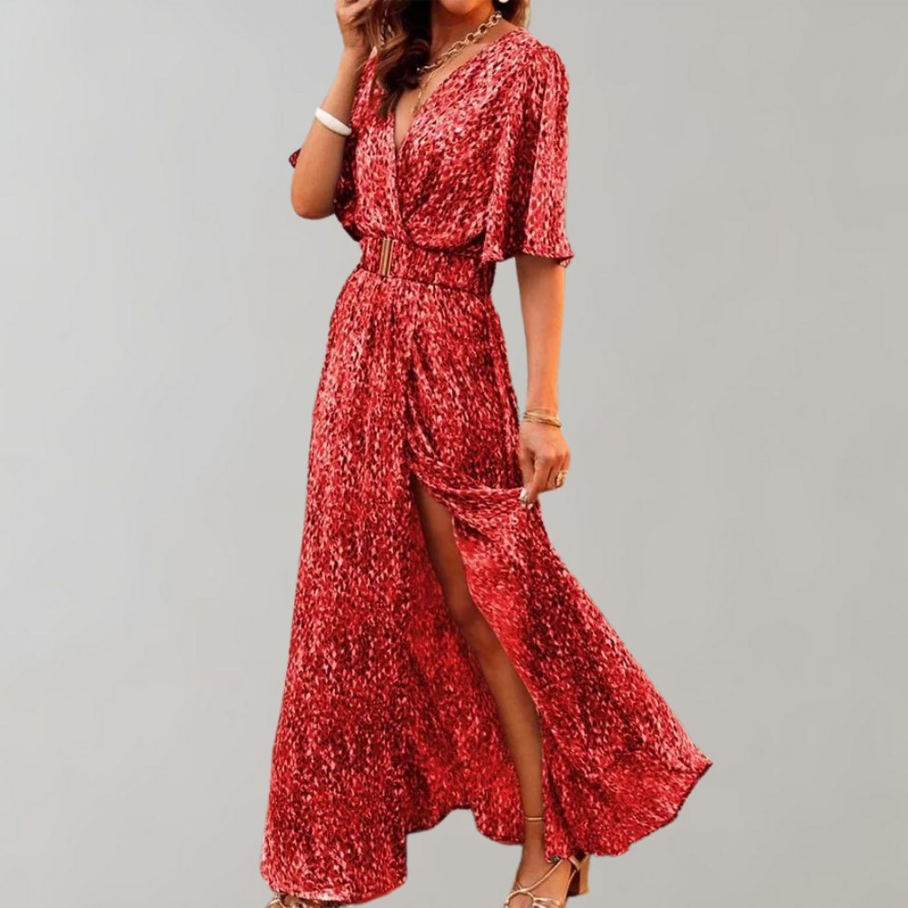 Abstract Print Wrap V-Neck Flutter Sleeve Belted High Split Maxi Dress