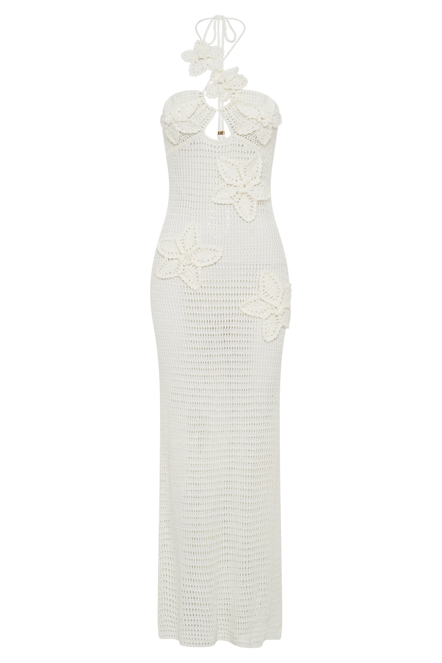 Crochet Floral Appliqué Asymmetric Halter Keyhole Cutout Bodycon Midi Dress