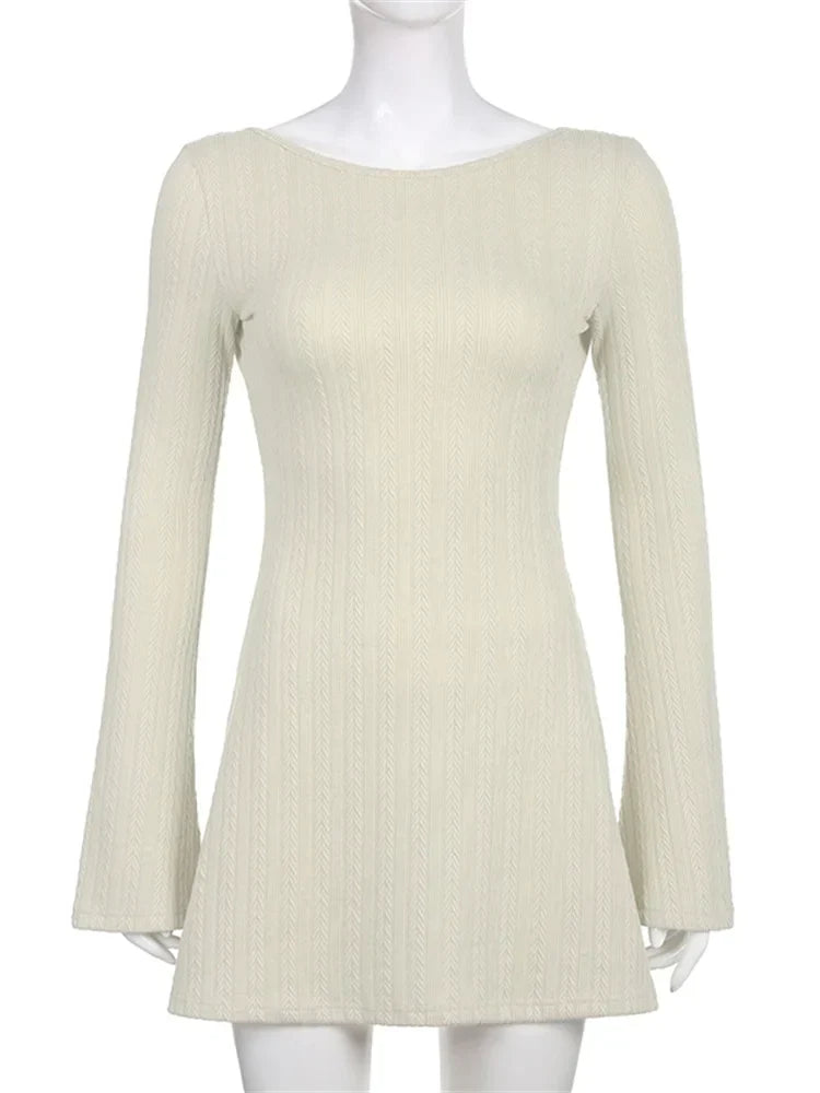 Cable Knit Boat Neck Bell Sleeve Bodycon Mini Dress